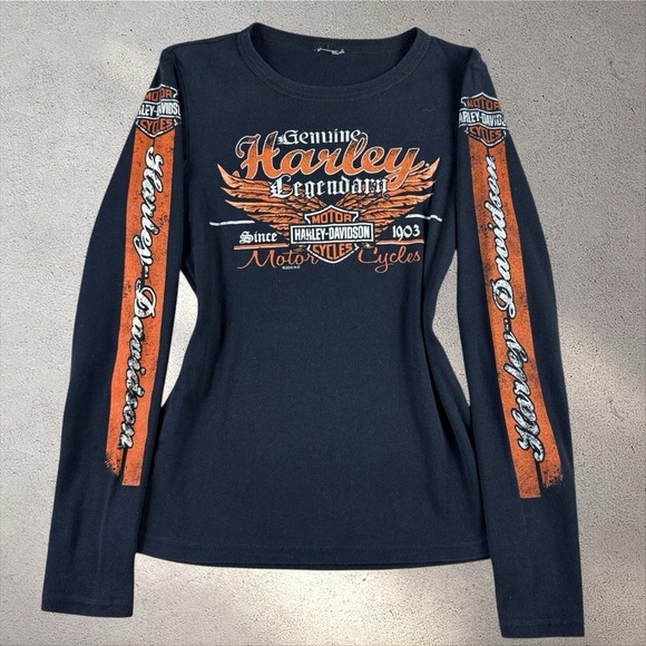 Harley-Davidson Tops - Vtg Y2K Harley Davidson Thermal Shirt Waffle Knit Wings Spell Out Sleeve Sz M